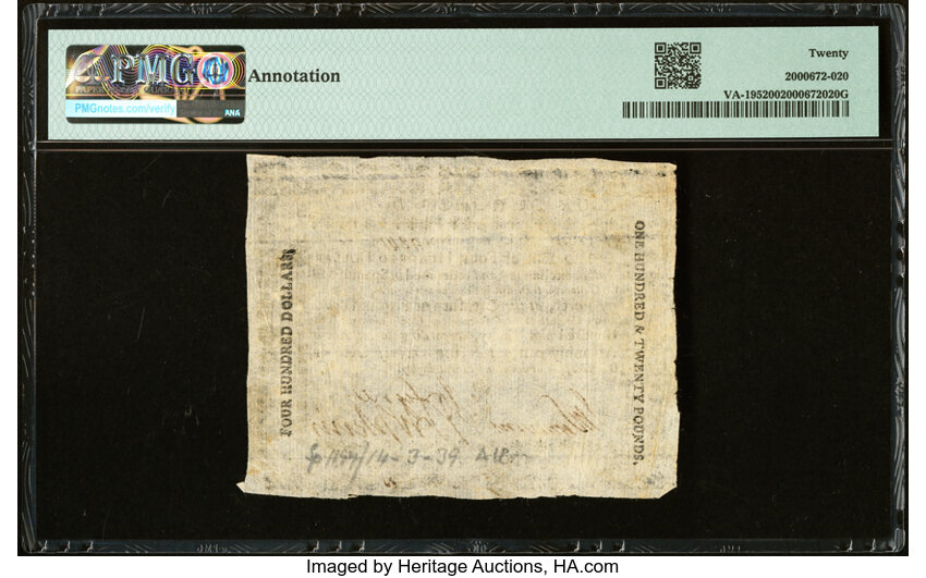 image for: Virginia October 16, 1780 $400 PMG Very Fine 20....