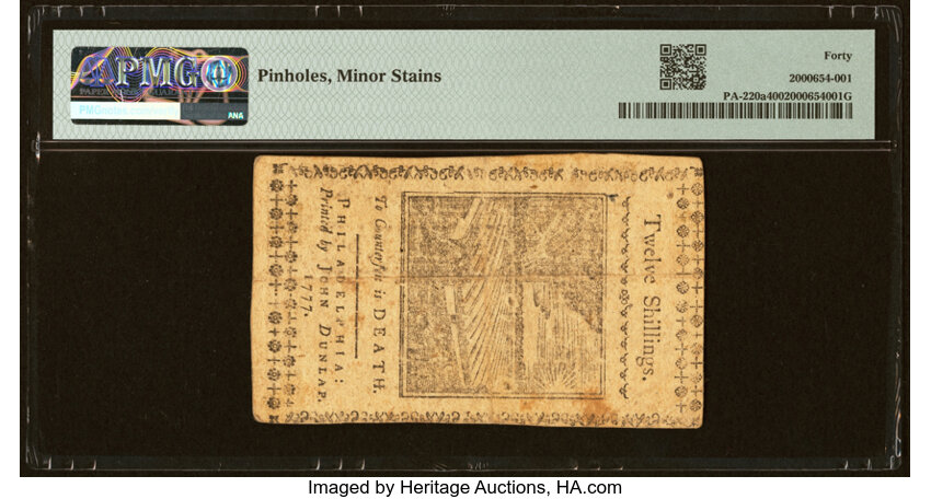 image for: Pennsylvania April 10, 1777 12s PMG Extremely Fine 40....