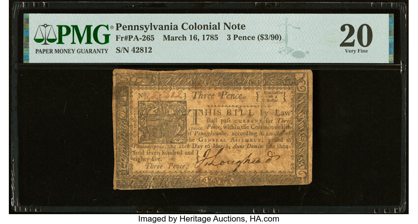 image for: Pennsylvania March 16, 1785 3d PMG Very Fine 20....