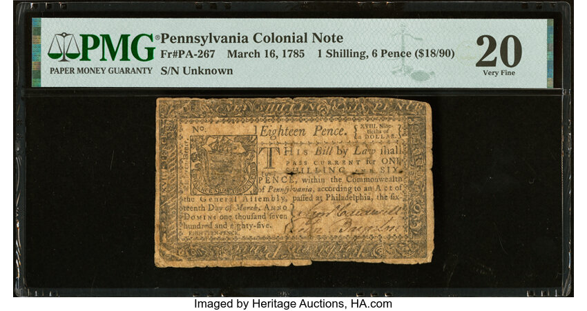 image for: Pennsylvania March 16, 1785 1s 6d PMG Very Fine 20....