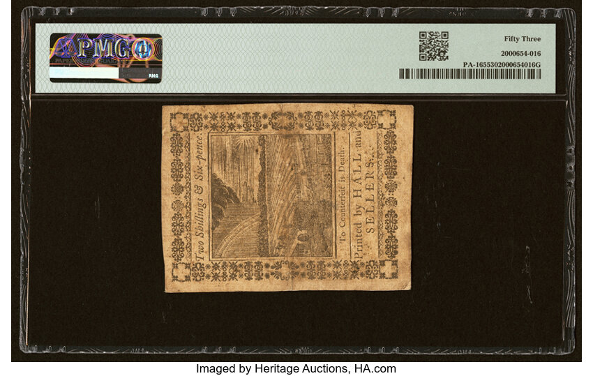 image for: Pennsylvania October 1, 1773 2s 6d PMG About Uncirculated 53....
