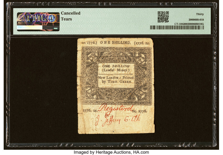 image for: Connecticut June 7, 1776 1s PMG Very Fine 30....