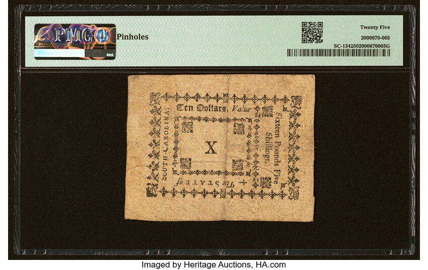 image for: South Carolina October 19, 1776 $10 PMG Very Fine 25....