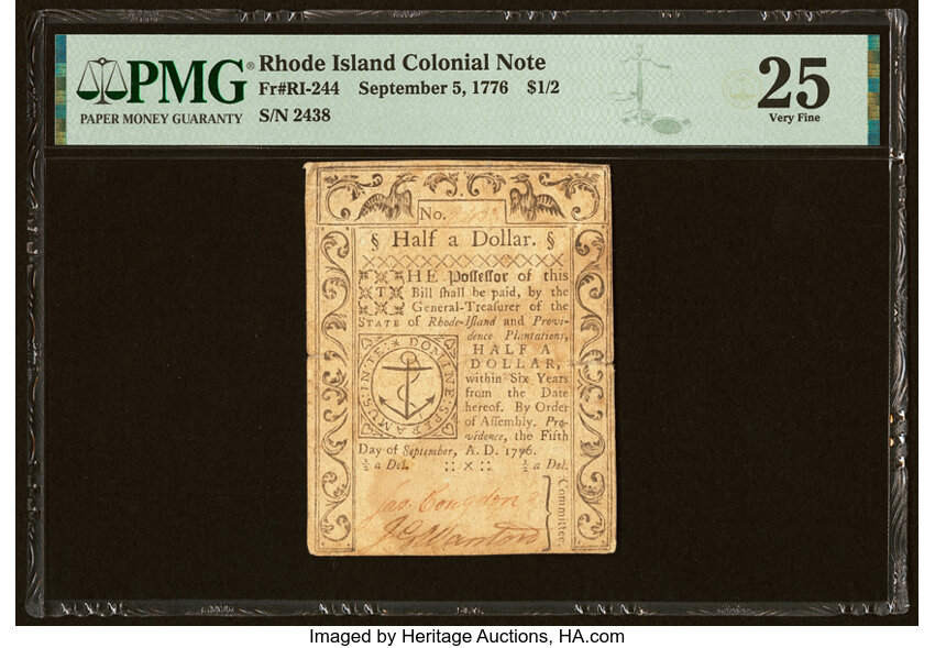 image for: Rhode Island September 5, 1776 $1/2 PMG Very Fine 25....