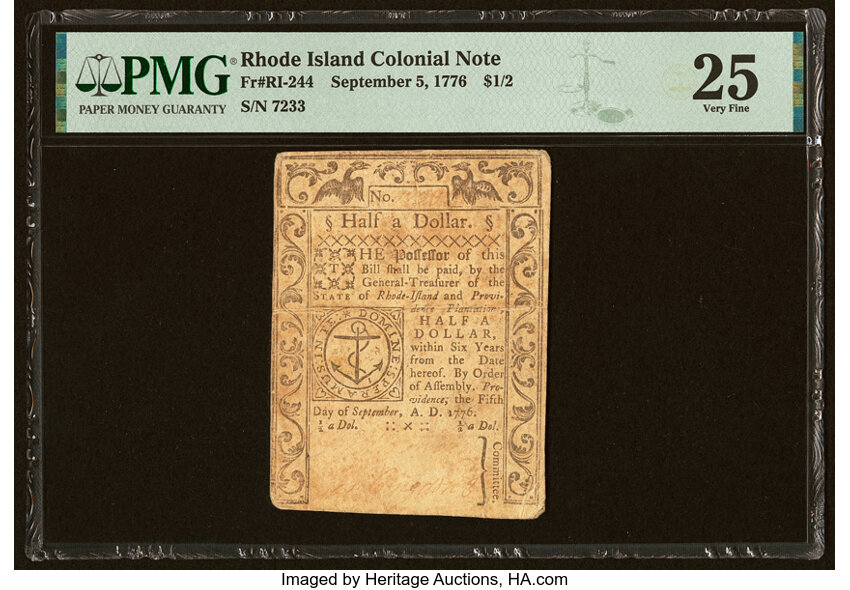 image for: Rhode Island September 5, 1776 $1/2 PMG Very Fine 25....