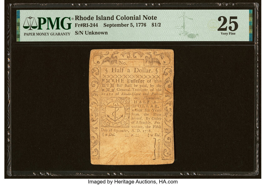 image for: Rhode Island September 5, 1776 $1/2 PMG Very Fine 25....