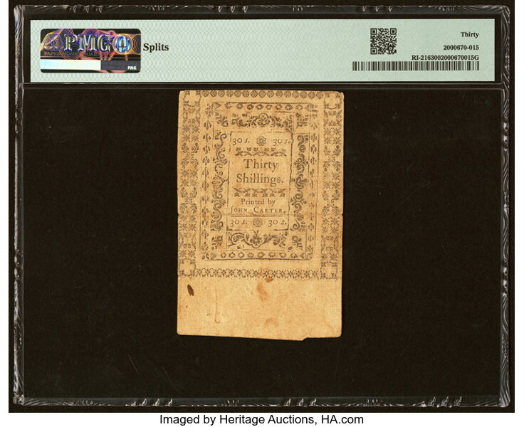 image for: Rhode Island November 6, 1775 30s PMG Very Fine 30....
