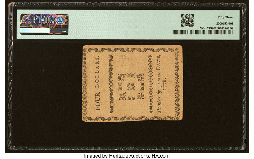 image for: North Carolina August 8, 1778 $4 A Lesson to Arbitrary Kings and Wicked Minister PMG About Uncirculated 53....