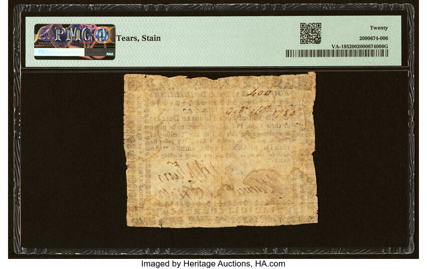 image for: Virginia October 16, 1780 $400 PMG Very Fine 20....