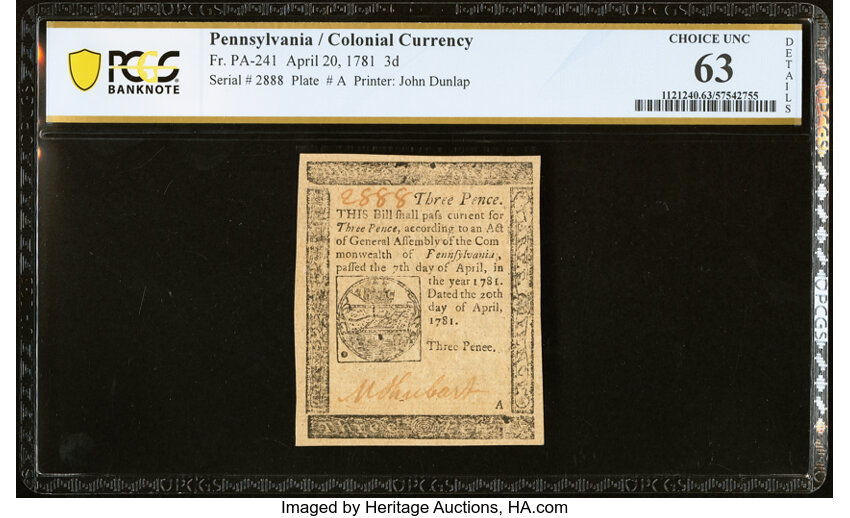image for: Pennsylvania April 20, 1781 3d PCGS Banknote Choice Unc 63 Details....