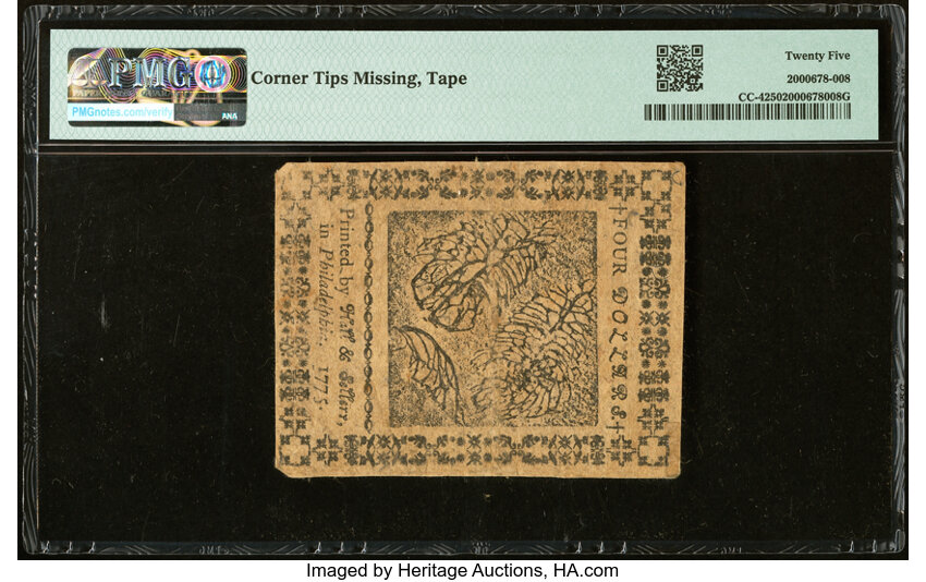 image for: Continental Currency May 10, 1775 $4 PMG Very Fine 25....