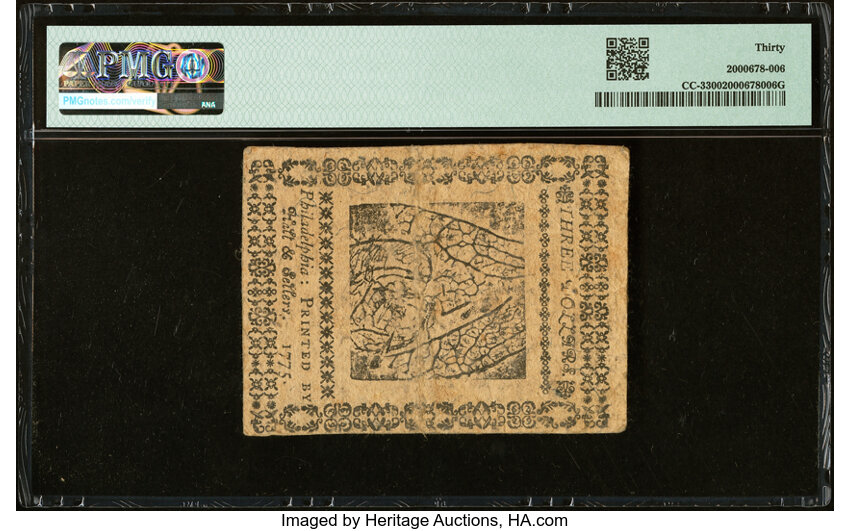 image for: Continental Currency May 10, 1775 $3 PMG Very Fine 30....