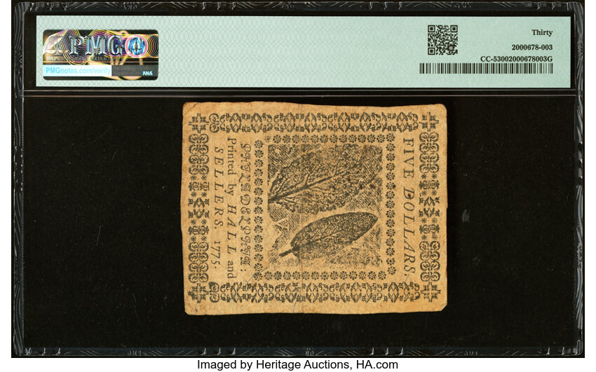 image for: Continental Currency May 10, 1775 $5 PMG Very Fine 30....