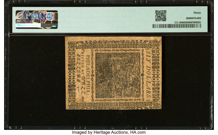 image for: Continental Currency May 10, 1775 $6 PMG Very Fine 30....
