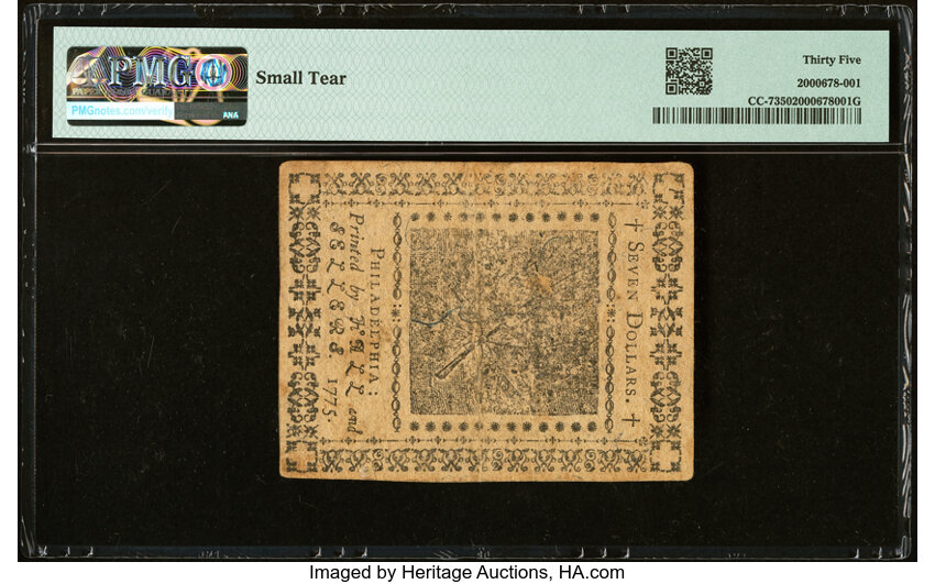 image for: Continental Currency May 10, 1775 $7 PMG Choice Very Fine 35....