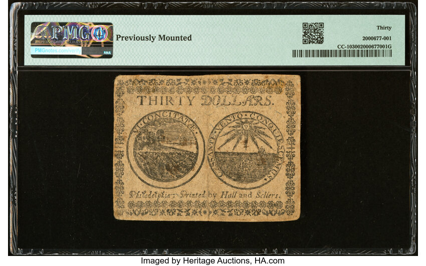 image for: Continental Currency May 10, 1775 $30 PMG Very Fine 30....