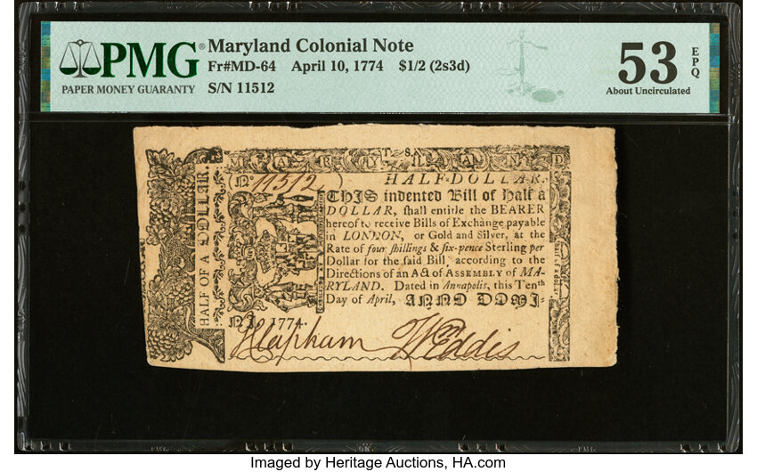 image for: Maryland April 10, 1774 $1/2 PMG About Uncirculated 53 EPQ....