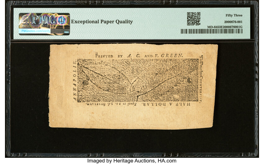 image for: Maryland April 10, 1774 $1/2 PMG About Uncirculated 53 EPQ....
