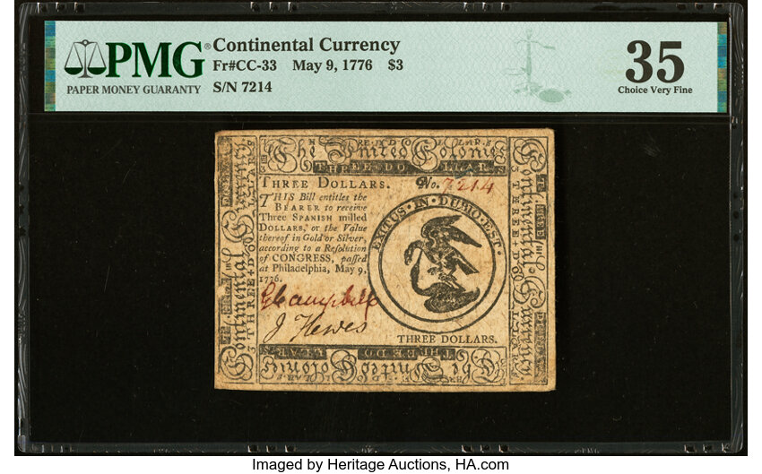 image for: Continental Currency May 9, 1776 $3 PMG Choice Very Fine 35....