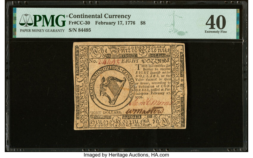 image for: Continental Currency February 17, 1776 $8 PMG Extremely Fine 40....