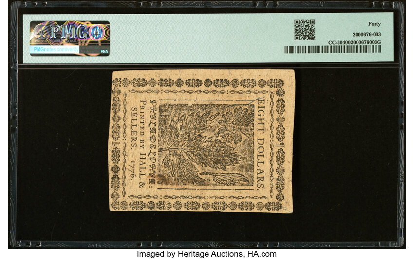 image for: Continental Currency February 17, 1776 $8 PMG Extremely Fine 40....