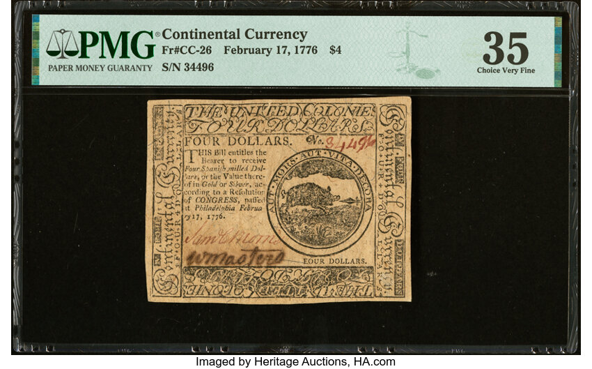 image for: Continental Currency February 17, 1776 $4 PMG Choice Very Fine 35....