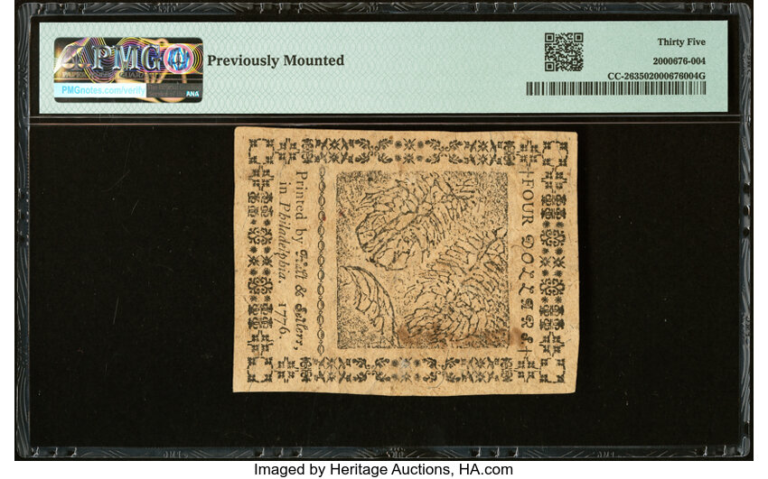 image for: Continental Currency February 17, 1776 $4 PMG Choice Very Fine 35....