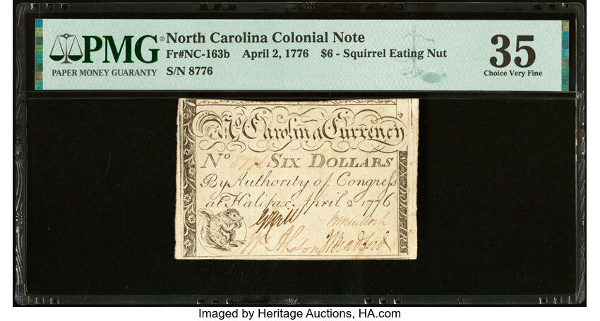 image for: North Carolina April 2, 1776 $6 Squirrel eating a nut PMG Choice Very Fine 35....