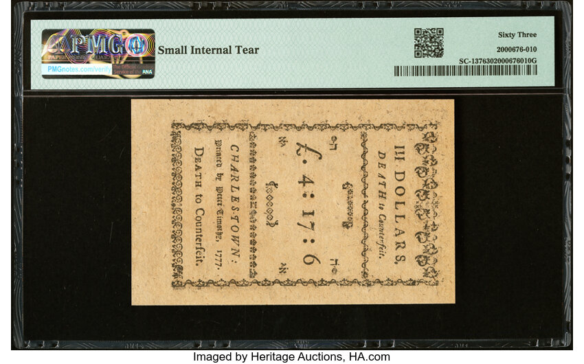 image for: South Carolina December 23, 1776 $3 Remainder PMG Choice Uncirculated 63....