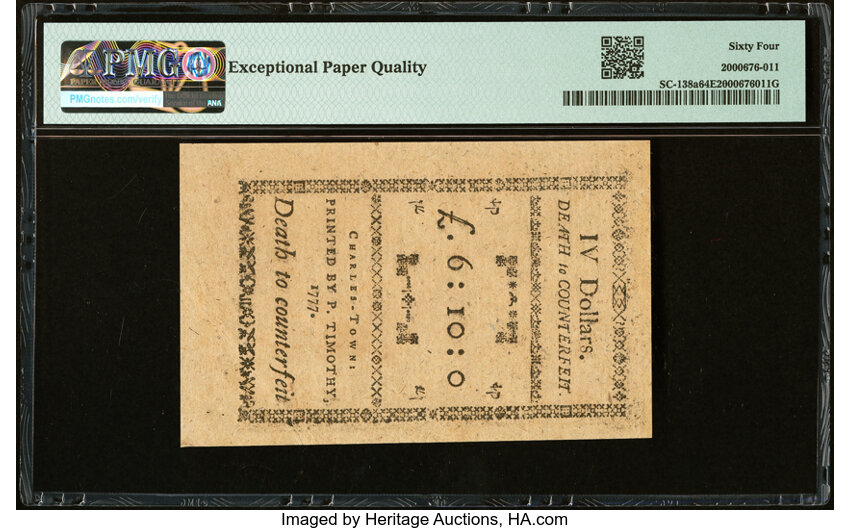 image for: South Carolina December 23, 1776 $4 Remainder PMG Choice Uncirculated 64 EPQ....