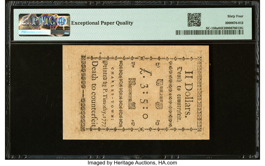 image for: South Carolina December 23, 1776 $2 Remainder PMG Choice Uncirculated 64 EPQ....