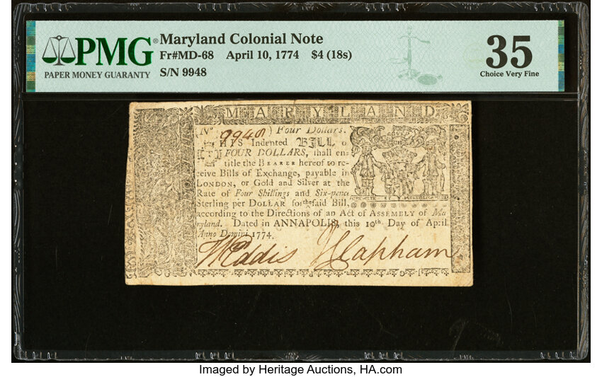 image for: Maryland April 10, 1774 $4 PMG Choice Very Fine 35....