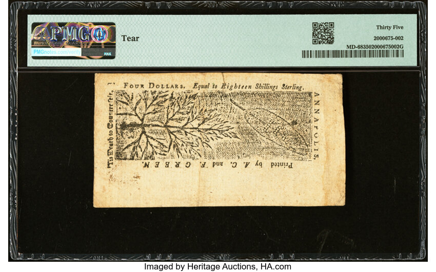image for: Maryland April 10, 1774 $4 PMG Choice Very Fine 35....