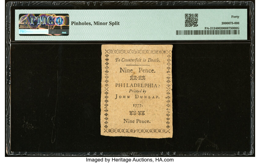 image for: Pennsylvania April 10, 1777 9d PMG Extremely Fine 40....