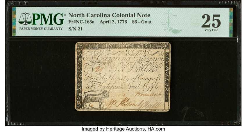 image for: North Carolina April 2, 1776 $6 Goat PMG Very Fine 25....