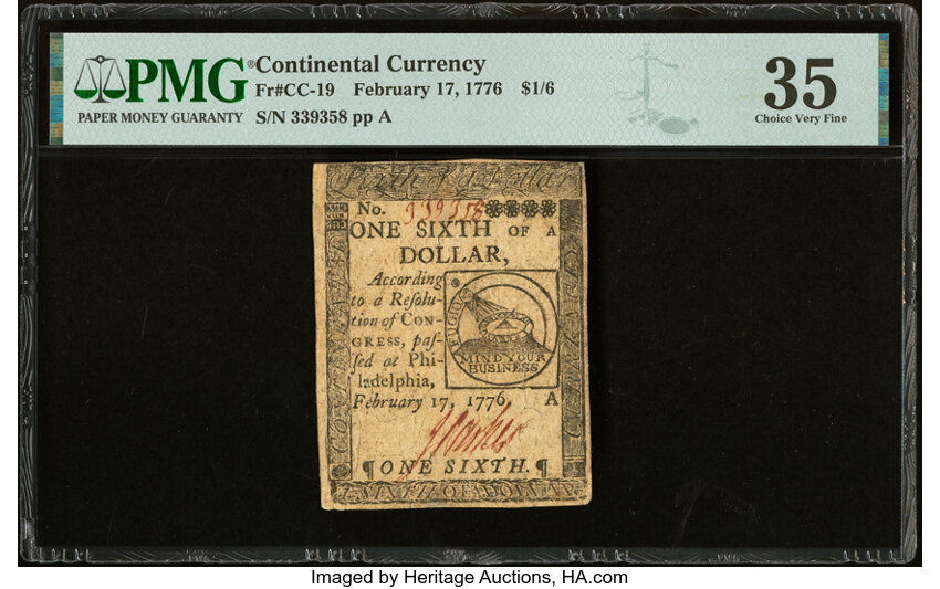 image for: Continental Currency February 17, 1776 $1/6 PMG Choice Very Fine 35....
