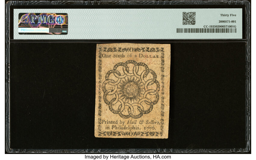 image for: Continental Currency February 17, 1776 $1/6 PMG Choice Very Fine 35....