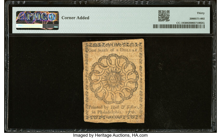 image for: Continental Currency February 17, 1776 $1/6 PMG Very Fine 30....