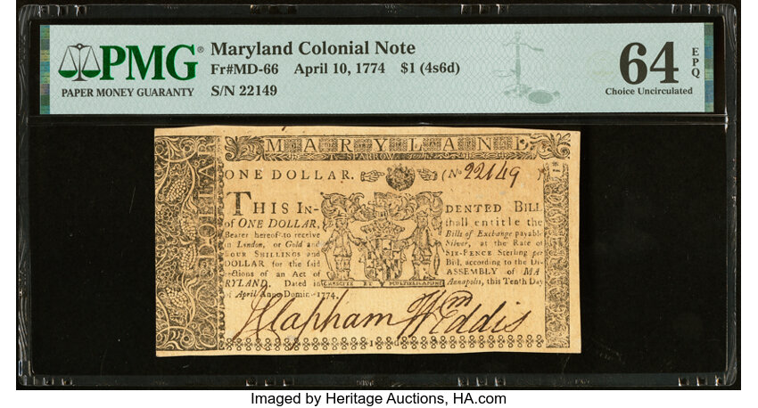 image for: Maryland April 10, 1774 $1 PMG Choice Uncirculated 64 EPQ....