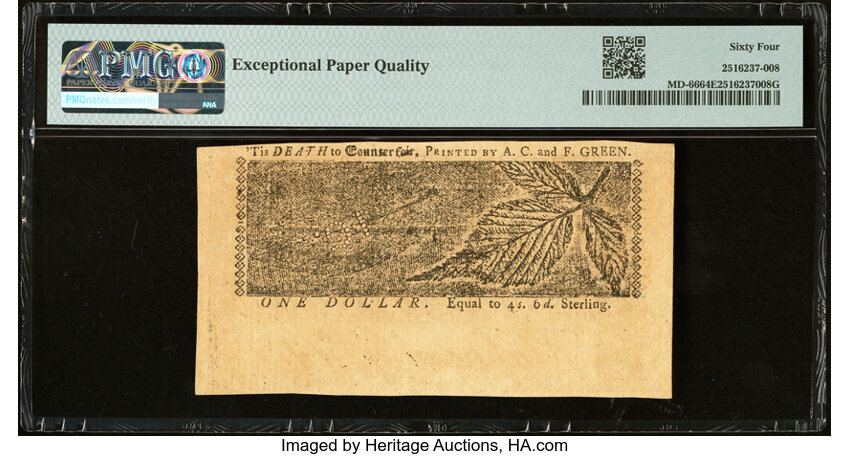 image for: Maryland April 10, 1774 $1 PMG Choice Uncirculated 64 EPQ....