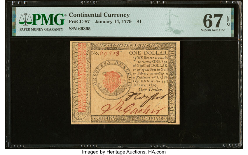 image for: Continental Currency January 14, 1779 $1 PMG Superb Gem Unc 67 EPQ....