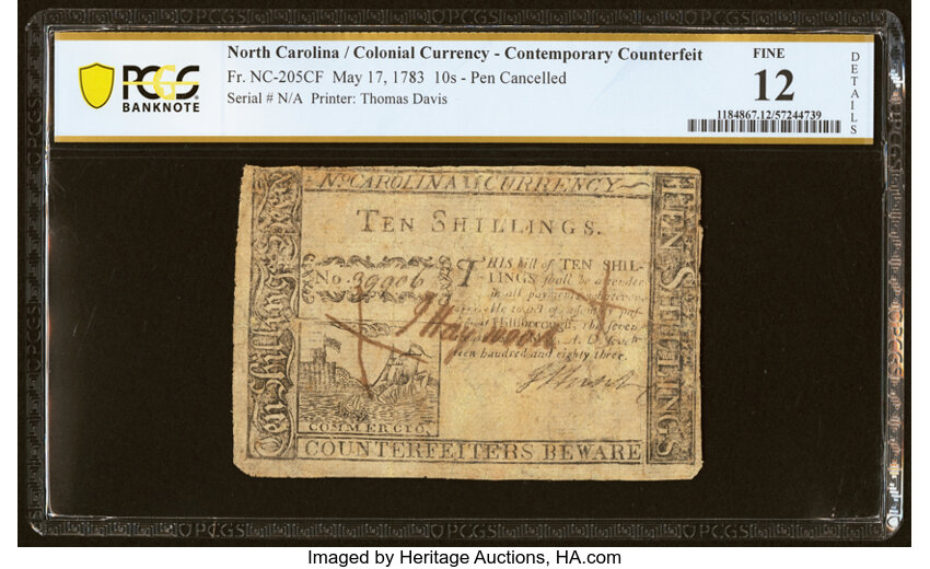 image for: North Carolina May 17, 1783 10s Counterfeit PCGS Banknote Fine 12 Details....