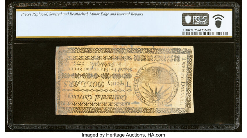 image for: Continental Currency May 10, 1775 $20 CC-9 PCGS Banknote Very Fine 25 Details....