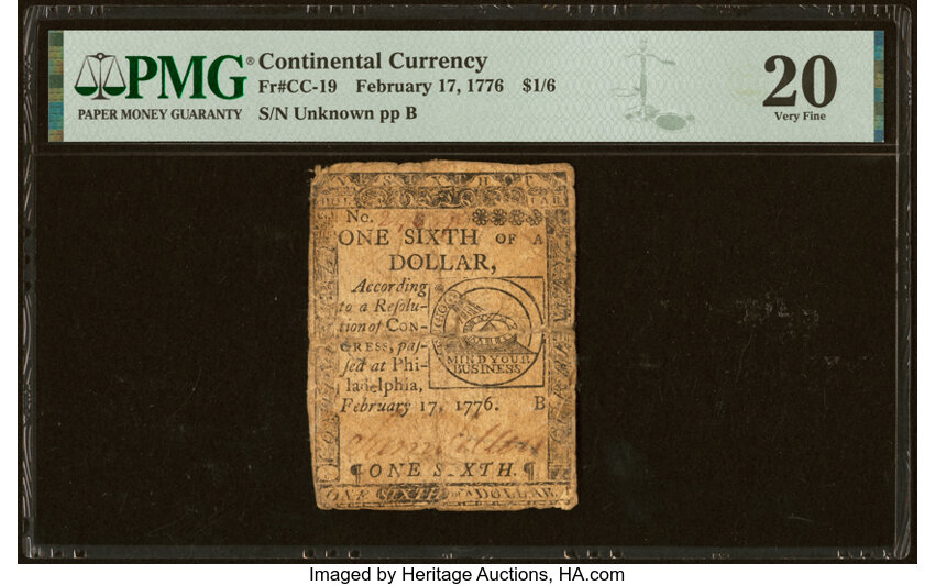 image for: Continental Currency February 17, 1776 $1/6 PMG Very Fine 20....
