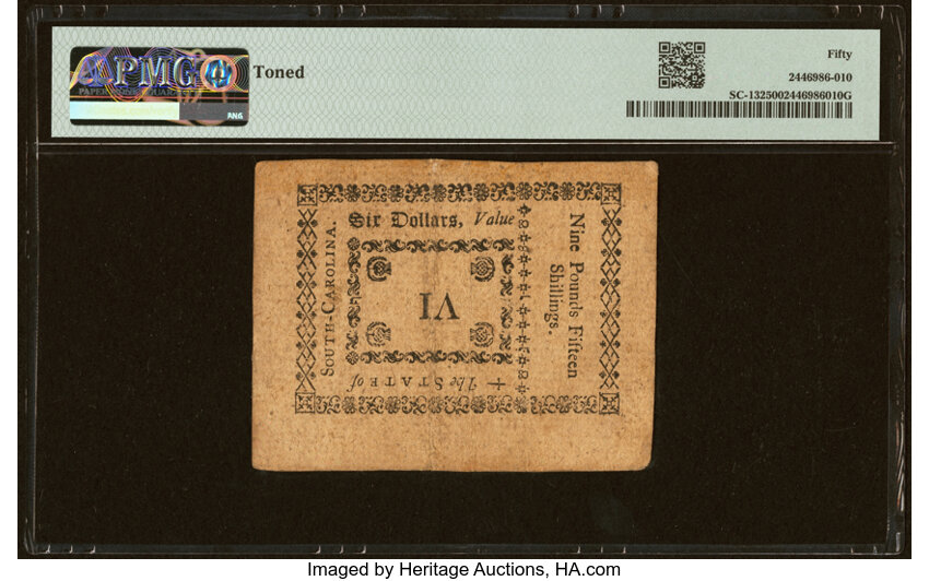 image for: South Carolina October 19, 1776 $6 PMG About Uncirculated 50....