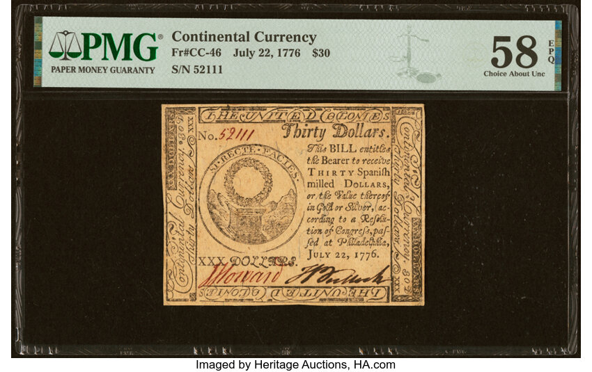 image for: Continental Currency July 22, 1776 $30 PMG Choice About Unc 58 EPQ....