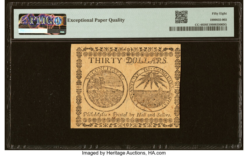 image for: Continental Currency July 22, 1776 $30 PMG Choice About Unc 58 EPQ....