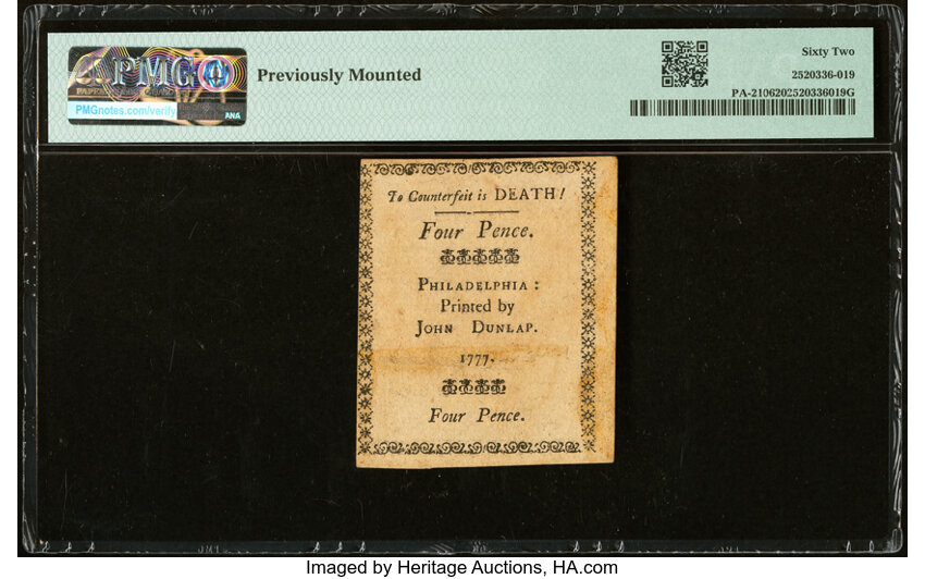 image for: Pennsylvania April 10, 1777 4d PMG Uncirculated 62....