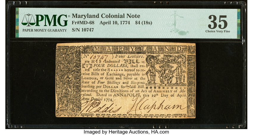 image for: Maryland April 10, 1774 $4 PMG Choice Very Fine 35....