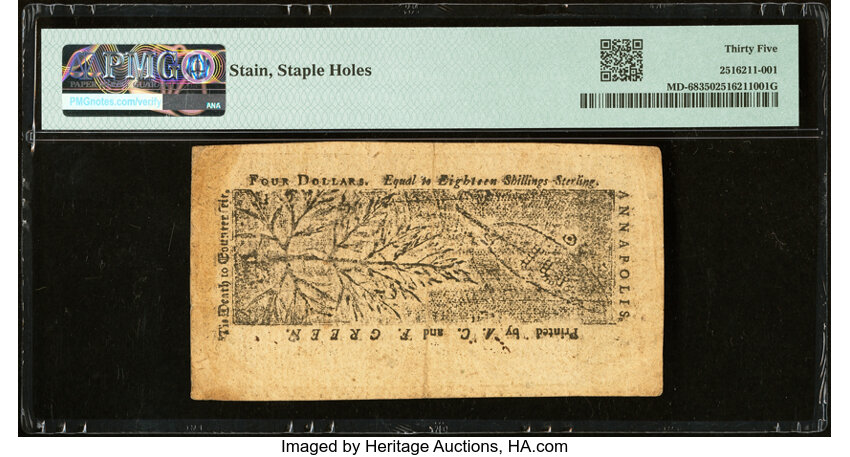 image for: Maryland April 10, 1774 $4 PMG Choice Very Fine 35....